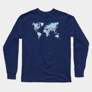 World Map in Blue Long Sleeve T-Shirt